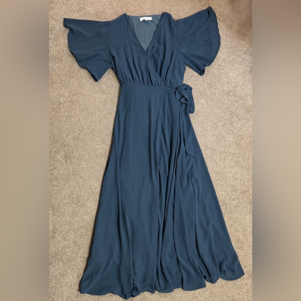 Blue Pleated Maxi Dress with Puff Sleeves